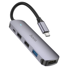 Хаб HOCO HB27 HDTV+USB3.0+USB2.0*2+PD, 13см (metal gray)