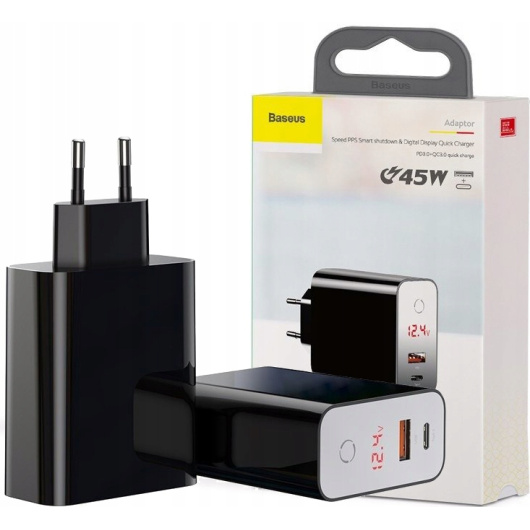 Сетевое зарядное устройство Baseus C45W PD3.0+QC3.0 USB+USB-C Черное